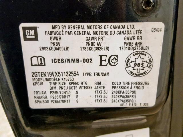 2GTEK19VX51132554 - 2005 GMC NEW SIERRA CHARCOAL photo 10