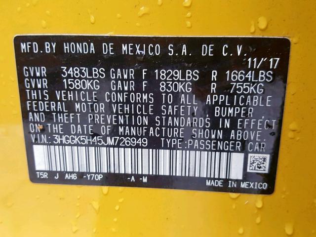 3HGGK5H45JM726949 - 2018 HONDA FIT LX YELLOW photo 10