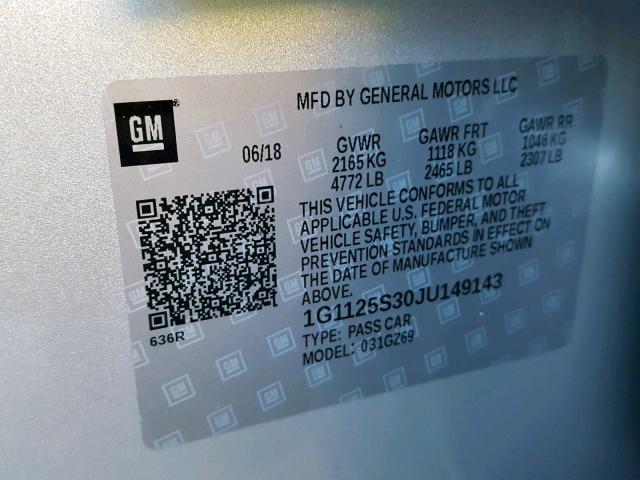 1G1125S30JU149143 - 2018 CHEVROLET IMPALA PRE GRAY photo 10