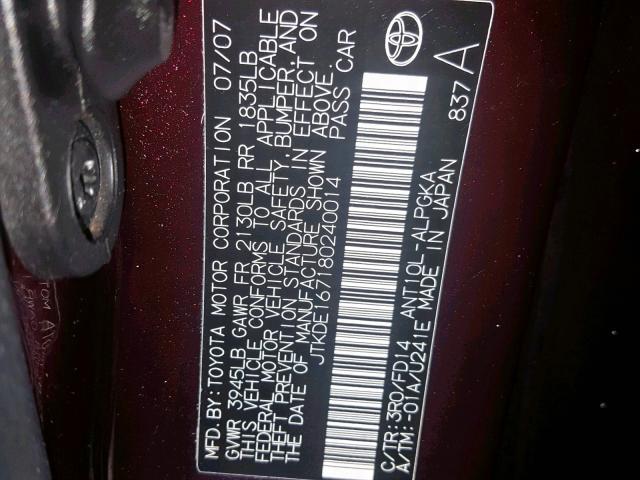 JTKDE167180240014 - 2008 SCION TC BURGUNDY photo 10