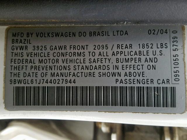 9BWGL61J744027944 - 2004 VOLKSWAGEN GOLF GLS WHITE photo 10