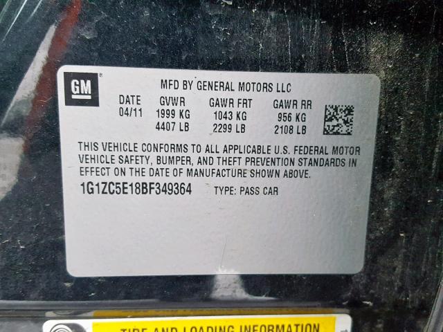 1G1ZC5E18BF349364 - 2011 CHEVROLET MALIBU 1LT შავი ფოტო 10