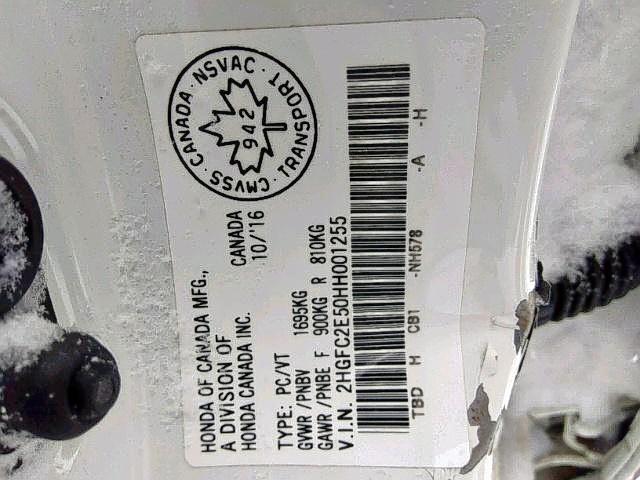 2HGFC2E50HH001255 - 2017 HONDA CIVIC LX WHITE photo 9