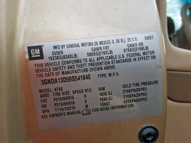 3GNDA13D98S541840 - 2008 CHEVROLET HHR LS TAN photo 10