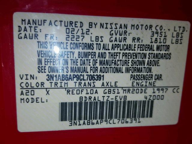 3N1AB6AP9CL706391 - 2012 NISSAN SENTRA 2.0 RED photo 10