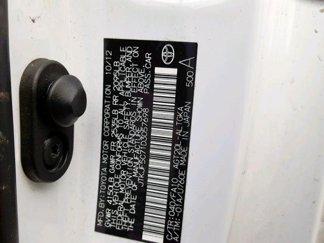 JTKJF5C71D3057698 - 2013 TOYOTA SCION TC თეთრი ფოტო 10