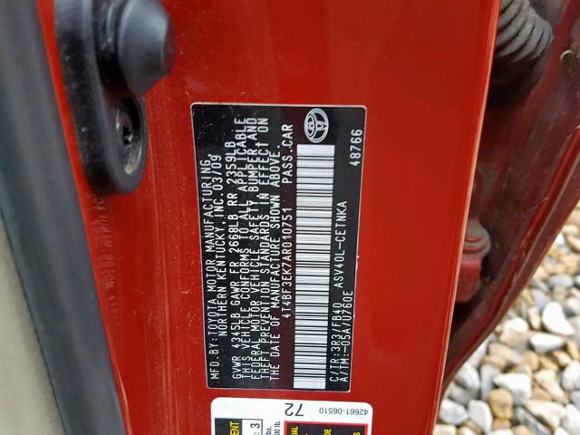 4T4BF3EK7AR010751 - 2010 TOYOTA CAMRY BASE MAROON photo 10