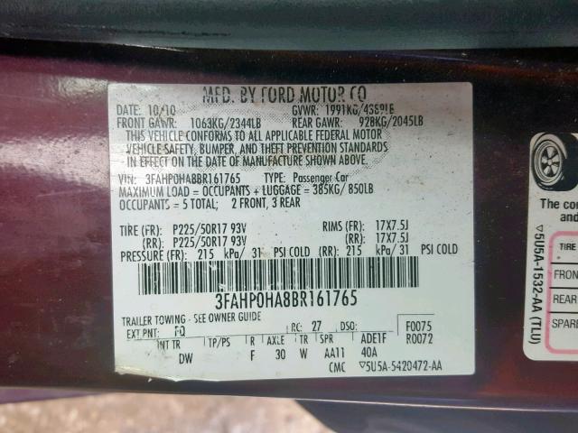 3FAHP0HA8BR161765 - 2011 FORD FUSION SE MAROON photo 10