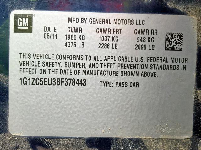 1G1ZC5EU3BF378443 - 2011 CHEVROLET MALIBU 1LT BLUE photo 10