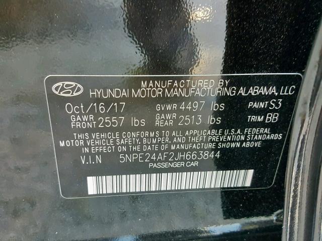 5NPE24AF2JH663844 - 2018 HYUNDAI SONATA SE BLACK photo 10