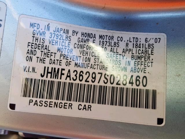 JHMFA36297S028460 - 2007 HONDA CIVIC HYBR SILVER photo 10