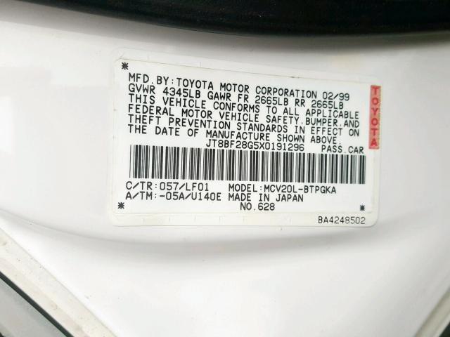 JT8BF28G5X0191296 - 1999 LEXUS ES 300 WHITE photo 10