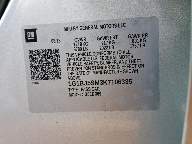 1G1BJ5SM3K7106335 - 2019 CHEVROLET CRUZE SILVER photo 10