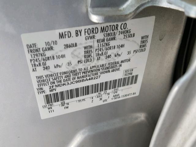 2FMDK3JC9BBA48227 - 2011 FORD EDGE SEL SILVER photo 10