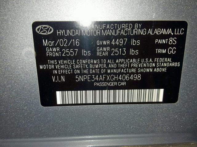 5NPE34AFXGH406498 - 2016 HYUNDAI SONATA SPO GRAY photo 10