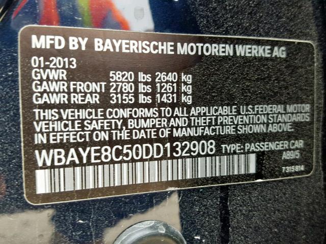 WBAYE8C50DD132908 - 2013 BMW 750LI BLUE photo 10