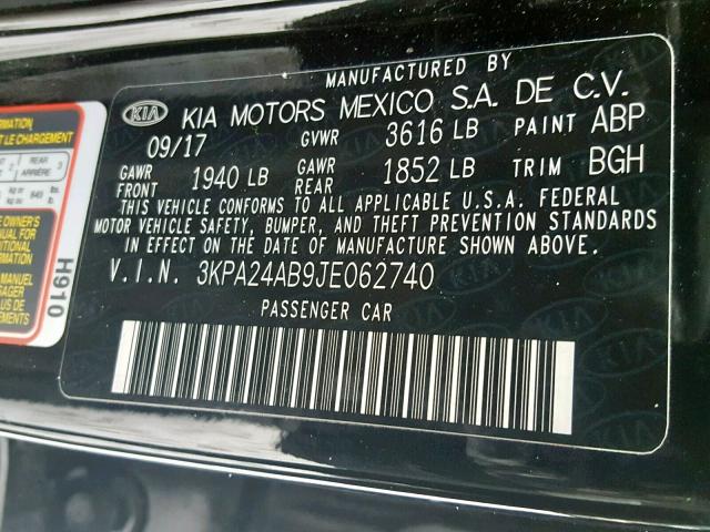 3KPA24AB9JE062740 - 2018 KIA RIO LX BLACK photo 10