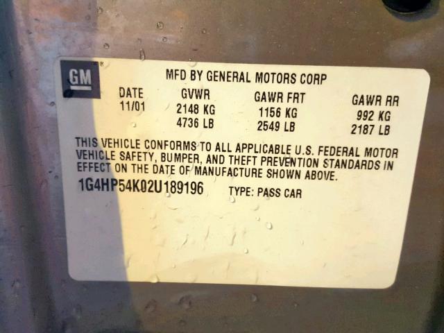 1G4HP54K02U189196 - 2002 BUICK LESABRE CU SILVER photo 10