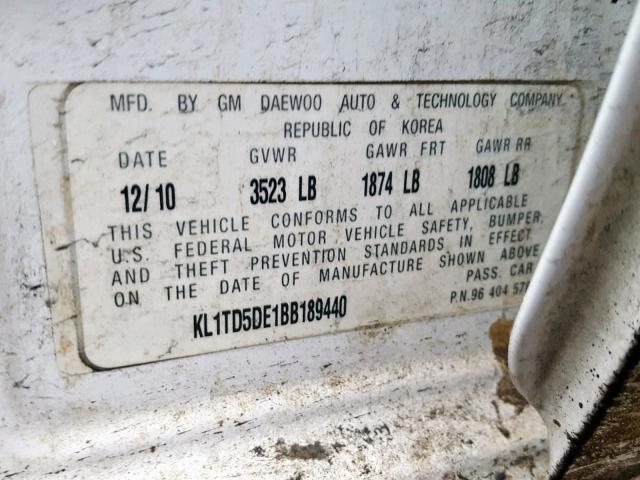 KL1TD5DE1BB189440 - 2011 CHEVROLET AVEO LS WHITE photo 10