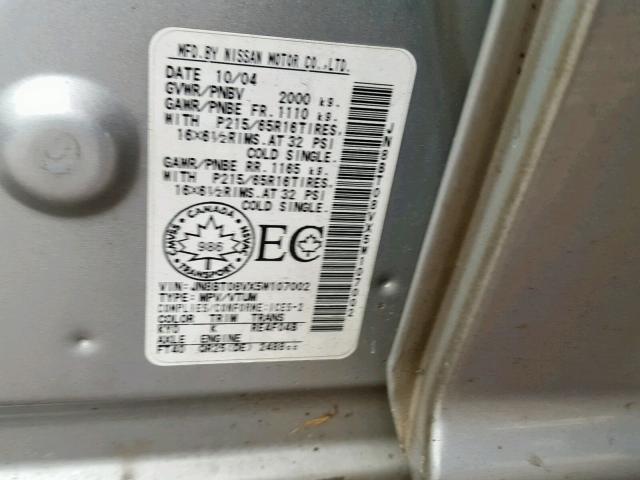 JN8BT08VX5W107002 - 2005 NISSAN X-TRAIL XE SILVER photo 10