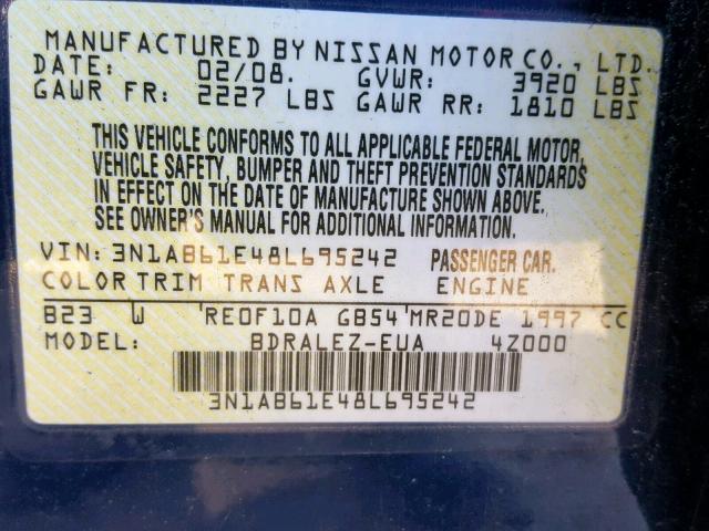 3N1AB61E48L695242 - 2008 NISSAN SENTRA 2.0 BLUE photo 10