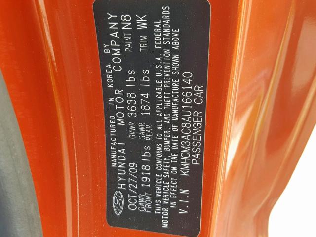 KMHCM3AC8AU166140 - 2010 HYUNDAI ACCENT BLU ORANGE photo 10