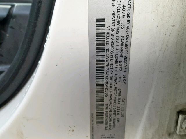 3VW2K7AJXBM042305 - 2011 VOLKSWAGEN JETTA BASE 白色 照片 10