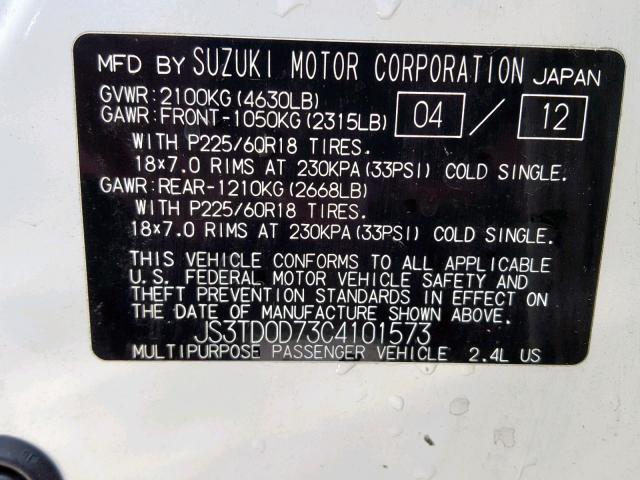 JS3TD0D73C4101573 - 2012 SUZUKI GRAND VITA WHITE photo 10