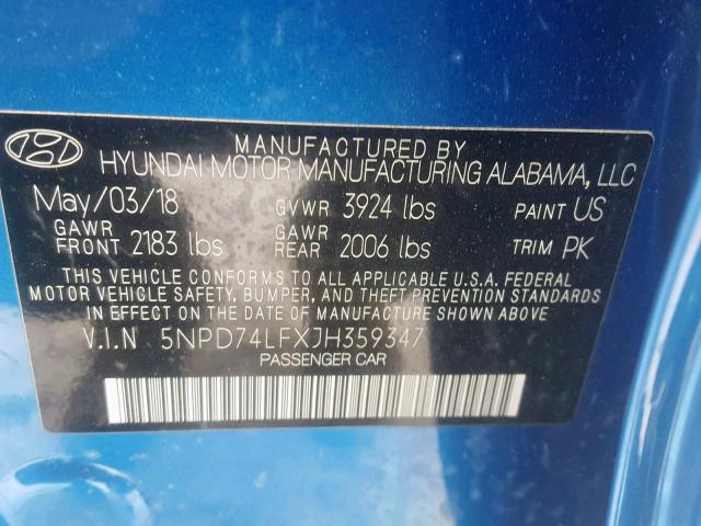 5NPD74LFXJH359347 - 2018 HYUNDAI ELANTRA SE BLUE photo 10