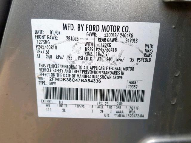 2FMDK38C47BA54336 - 2007 FORD EDGE SEL SILVER photo 10