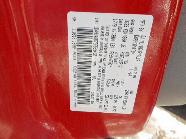 1D4HB48D75F539492 - 2005 DODGE DURANGO SL RED photo 10