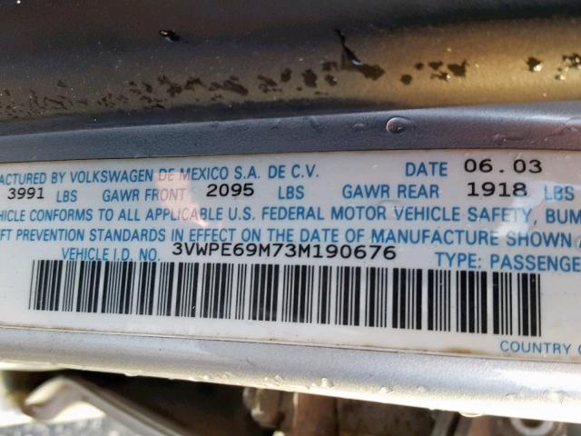 3VWPE69M73M190676 - 2003 VOLKSWAGEN JETTA WOLF SILVER photo 10