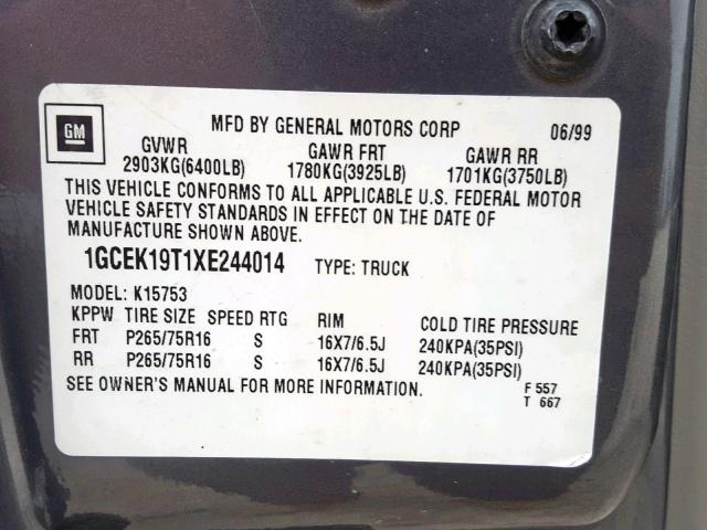 1GCEK19T1XE244014 - 1999 CHEVROLET SILVERADO ნაცრისფერი ფოტო 10