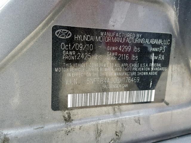 5NPEB4AC0BH176469 - 2011 HYUNDAI SONATA GLS GRAY photo 10