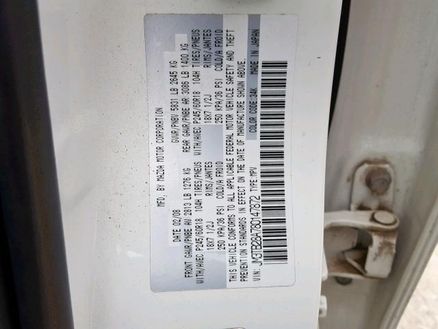 JM3TB28A780147872 - 2008 MAZDA CX-9 WHITE photo 10