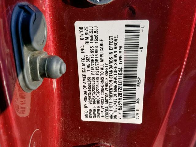 5J6YH28728L011644 - 2008 HONDA ELEMENT EX RED photo 10