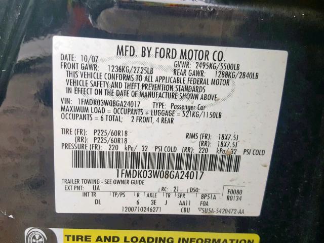 1FMDK03W08GA24017 - 2008 FORD TAURUS X L BLACK photo 10