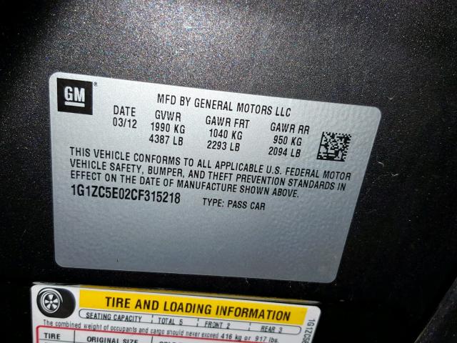 1G1ZC5E02CF315218 - 2012 CHEVROLET MALIBU 1LT GRAY photo 10