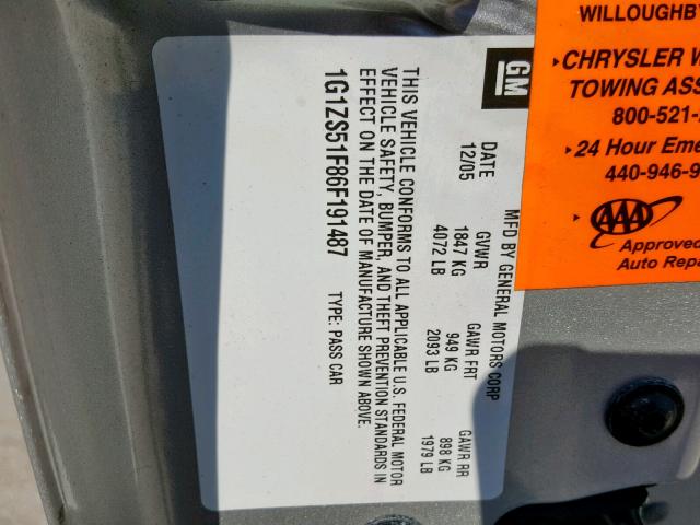 1G1ZS51F86F191487 - 2006 CHEVROLET MALIBU LS ვერცხლისფერი ფოტო 10