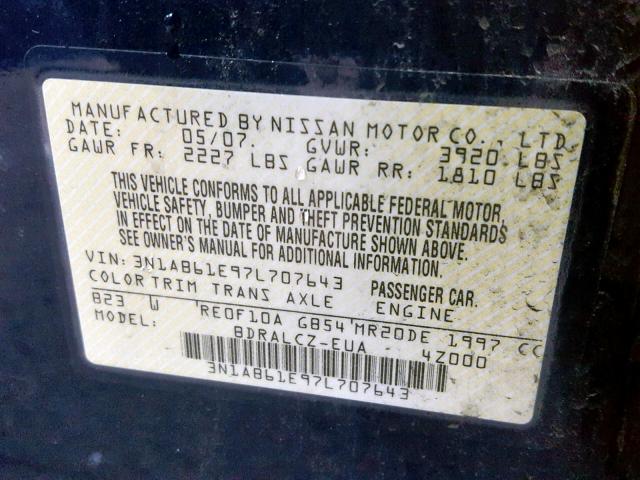 3N1AB61E97L707643 - 2007 NISSAN SENTRA 2.0 BLUE photo 10