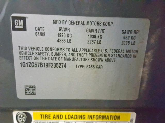 1G1ZG57B19F235274 - 2009 CHEVROLET MALIBU LS GRAY photo 10