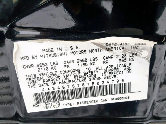 4A3AB76T07E024706 - 2007 MITSUBISHI GALANT RAL BLACK photo 10