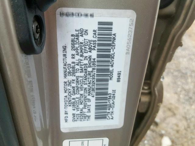 4T1BE32K93U781894 - 2003 TOYOTA CAMRY LE TAN photo 10