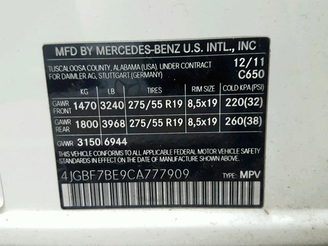 4JGBF7BE9CA777909 - 2012 MERCEDES-BENZ GL 450 4MA WHITE photo 10