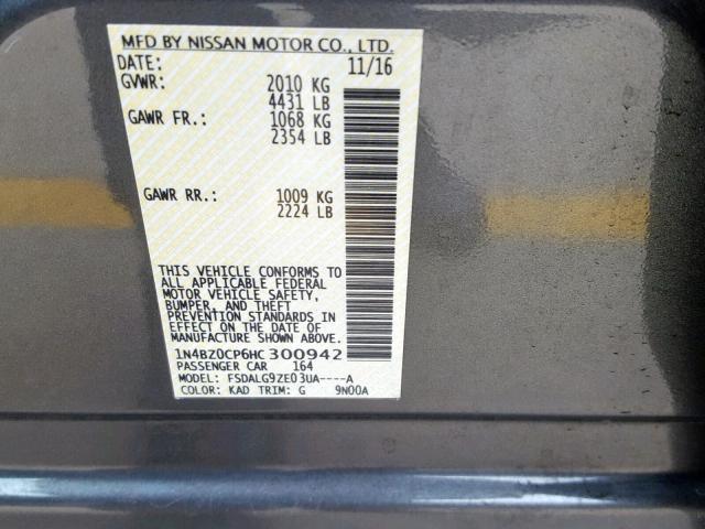 1N4BZ0CP6HC300942 - 2017 NISSAN LEAF S GRAY photo 10