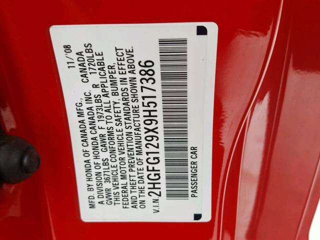 2HGFG129X9H517386 - 2009 HONDA CIVIC EXL RED photo 10