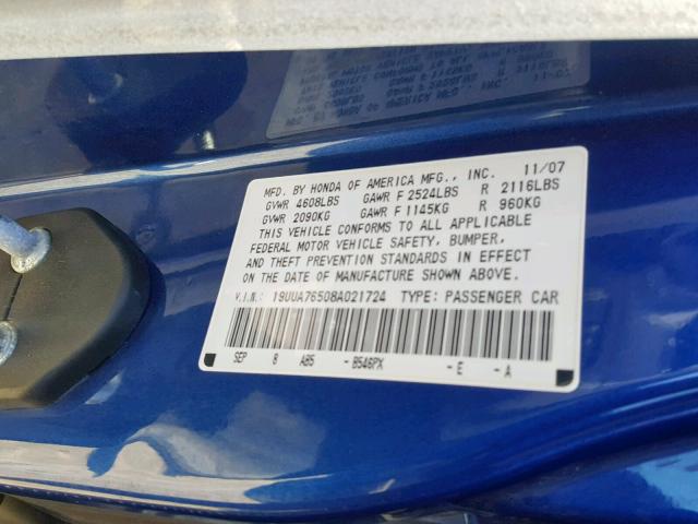 19UUA76508A021724 - 2008 ACURA TL TYPE S BLUE photo 10