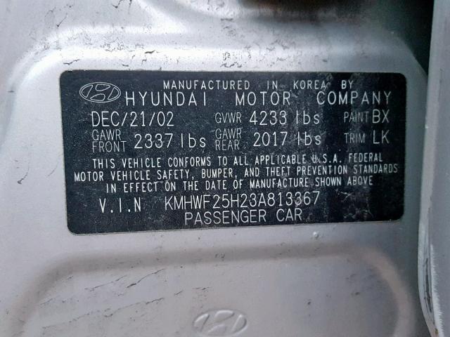 KMHWF25H23A813367 - 2003 HYUNDAI SONATA GL SILVER photo 10