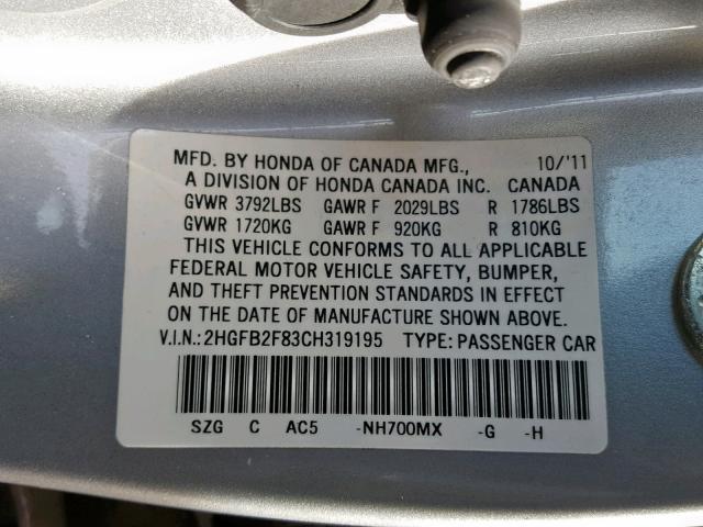 2HGFB2F83CH319195 - 2012 HONDA CIVIC EX SILVER photo 10