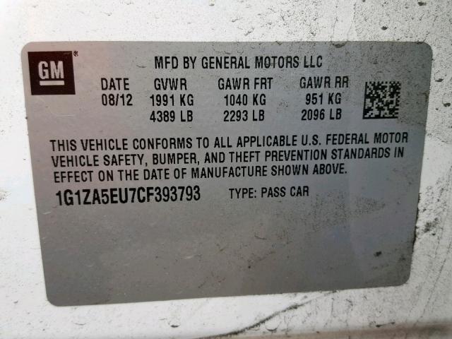 1G1ZA5EU7CF393793 - 2012 CHEVROLET MALIBU LS WHITE photo 10